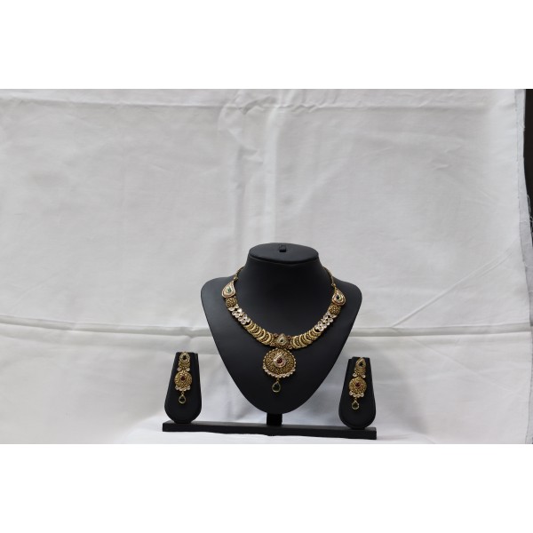 22k Antique Long Yellow Gold Necklace Set with Kundan Pearl Ruby & Emerald