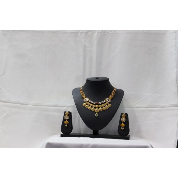 22k Antique Long Yellow Gold Necklace Set with Kundan Ruby & Emerald