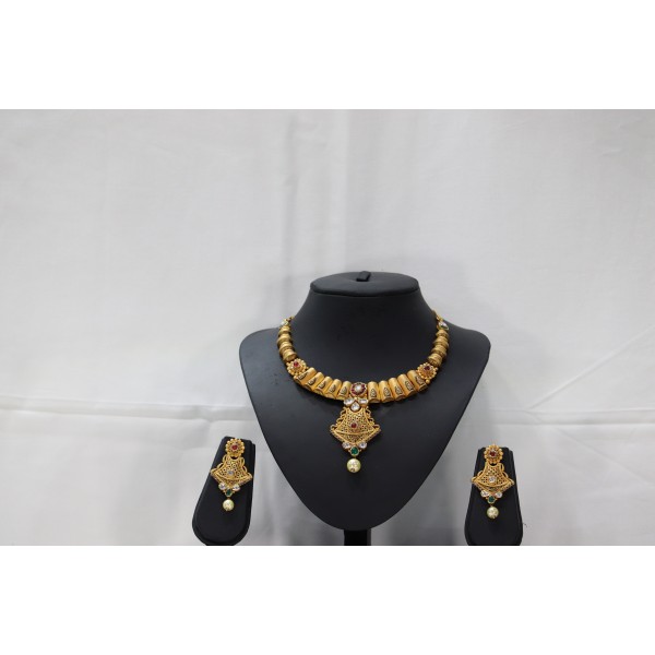 22k Antique Long Yellow Gold Necklace Set with Kundan Pearl Ruby & Emerald