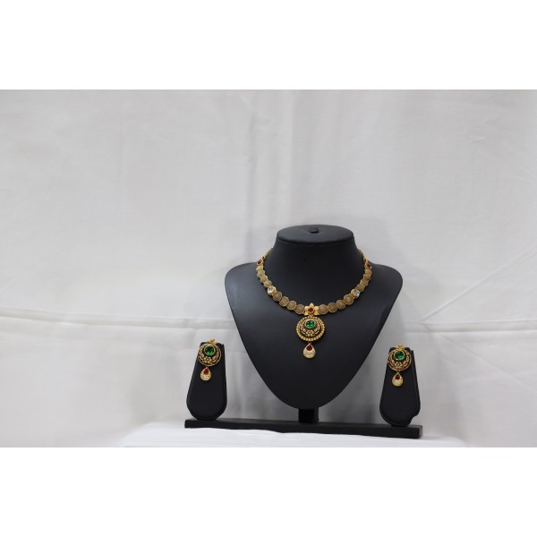 22k Antique Long Yellow Gold Necklace Set with Kundan Emerald & Ruby 