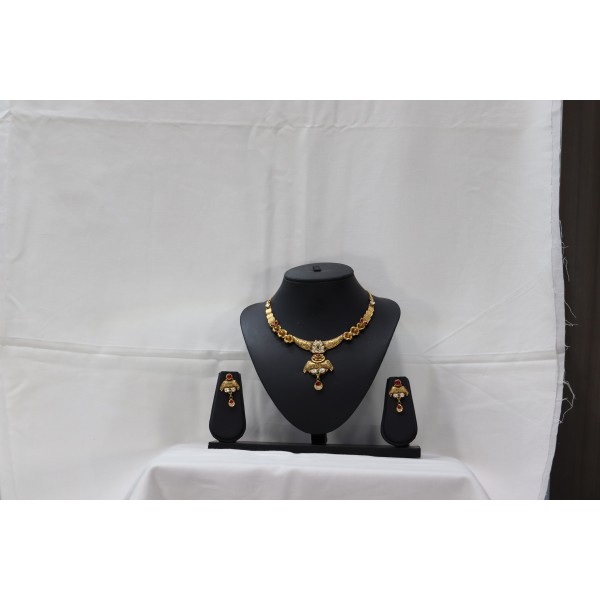 22k Antique Long Yellow Gold Necklace Set with Kundan Emerald & Ruby 