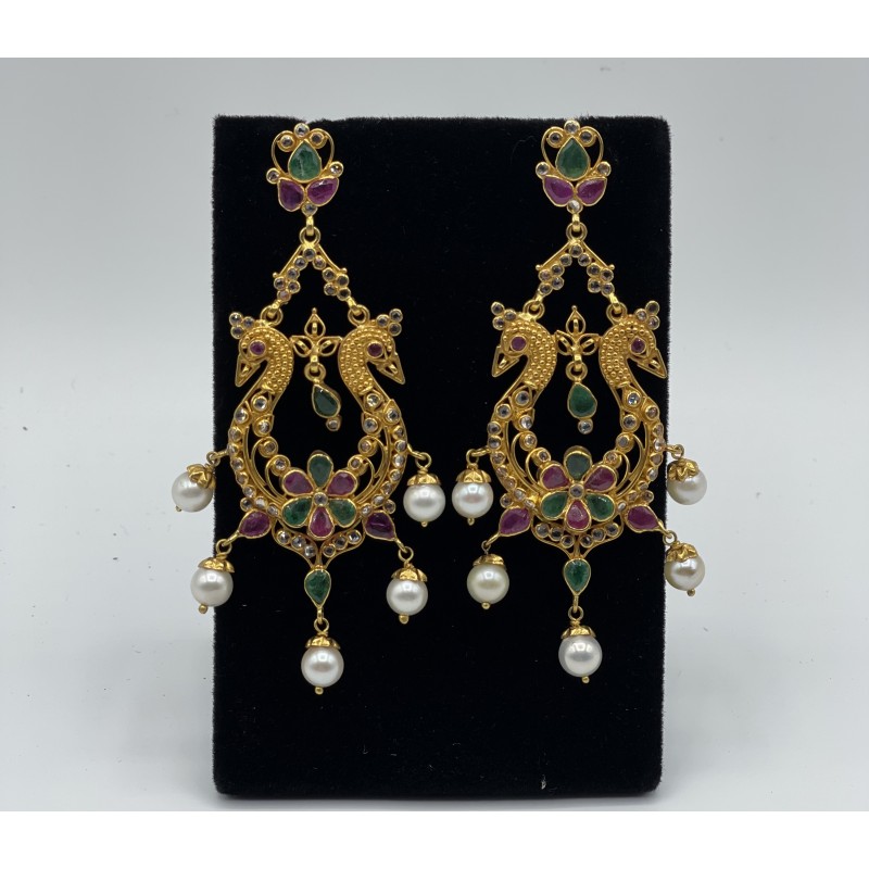 22k Yellow Gold Earrings Set with Emerald Ruby and Pearl