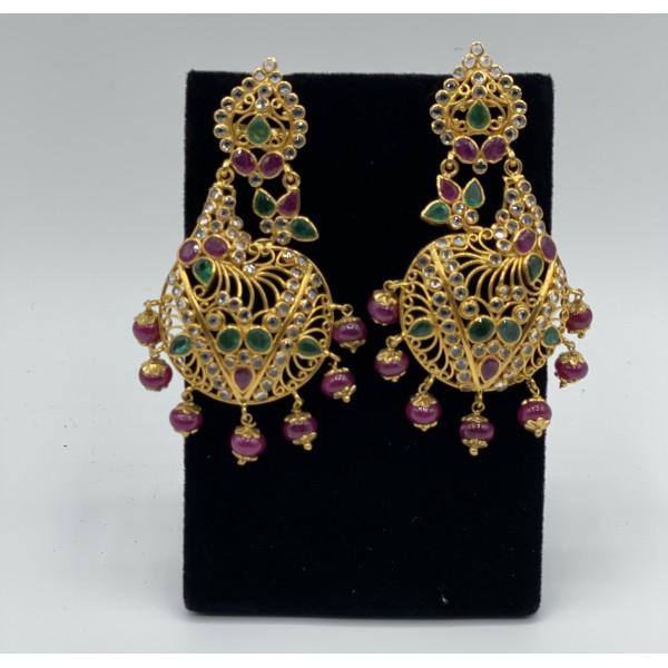 22k Yellow Gold Earrings Set with Emerald and Ruby 