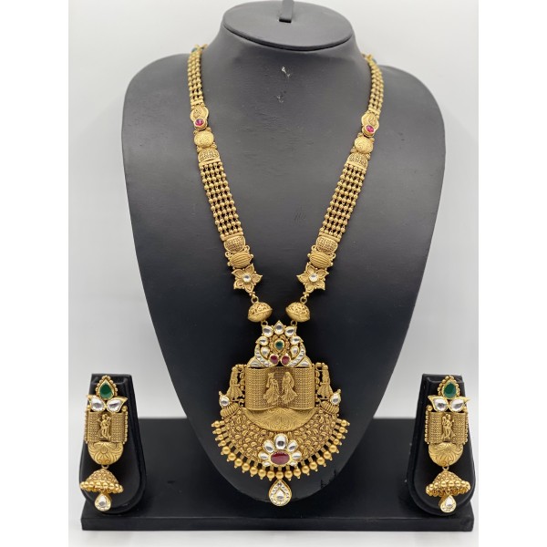 22k Yellow Gold Antique Long Necklace Set with Kundan