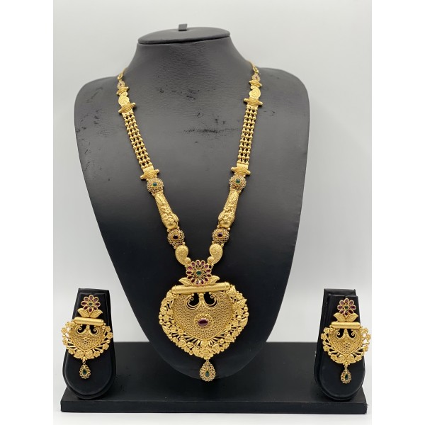 22k Yellow Gold Antique Long Necklace Set with Color Stones and Australian Crystal