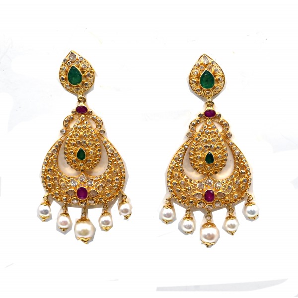 22k Gold Uncut Diamond Earrings Set with Ruby Emerald and Pearl