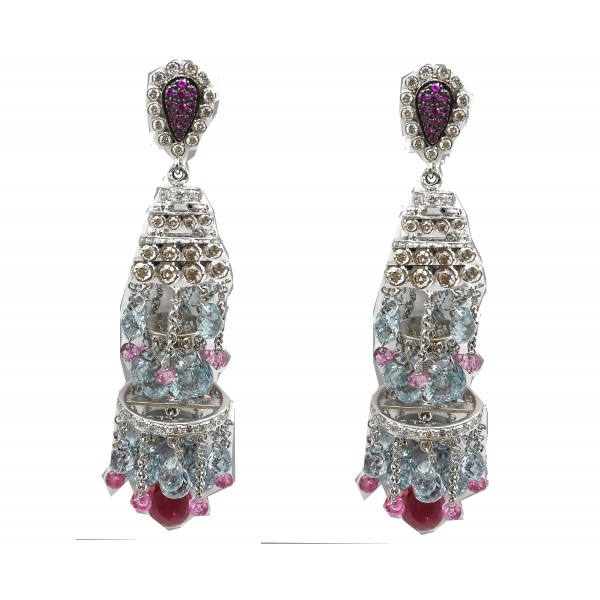 18k White Gold Diamond Earrings Set with Ruby and Blue Sapphire 