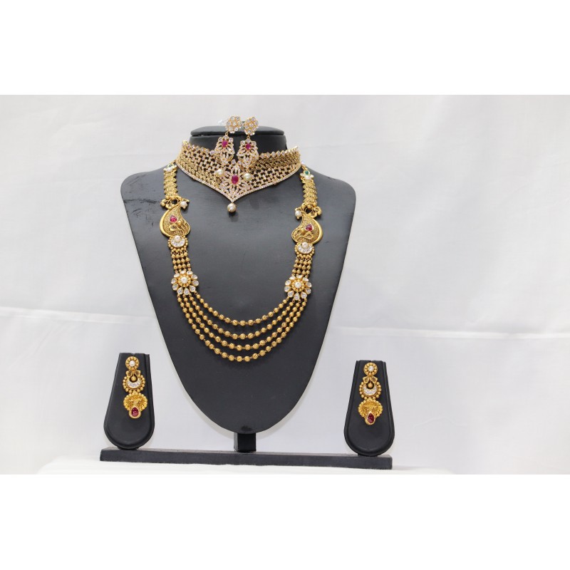22k Antique Yellow Gold Necklace Set with Kundan Pearl Ruby & CZ
