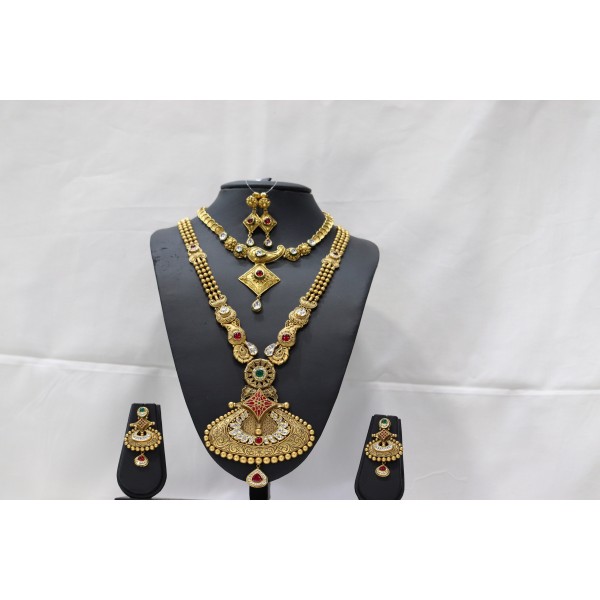 22k Antique Yellow Gold Necklace Set with Kundan Pearl Ruby & Emerald